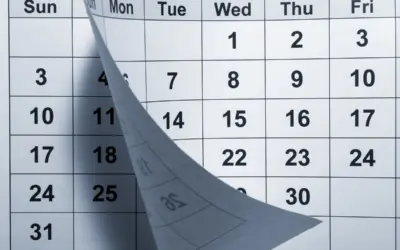 Calendar page turning, highlighting dates for health checkups related to aging and physical therapy.